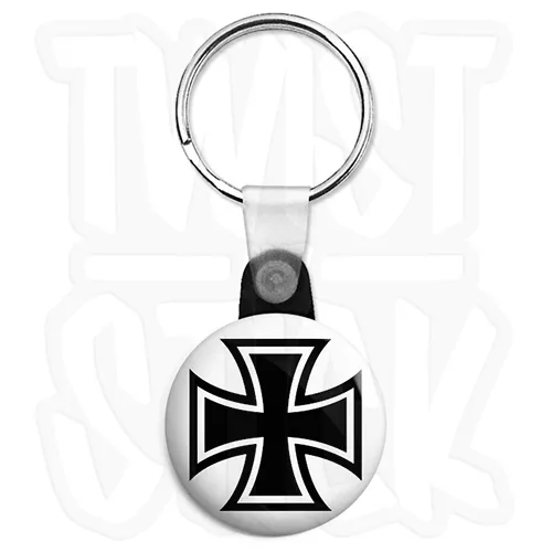 Square Iron Cross - 25mm Biker Keyring Button Badge with Zip Pull Option