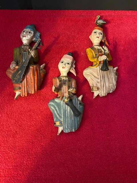 Vintage Handmade Wooden Burmese Musicians Figurines Wall Hangings (3)