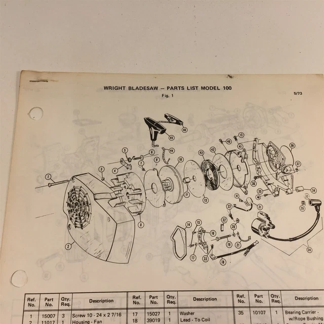 1973 Wright Model 100 Blade Saw Parts List