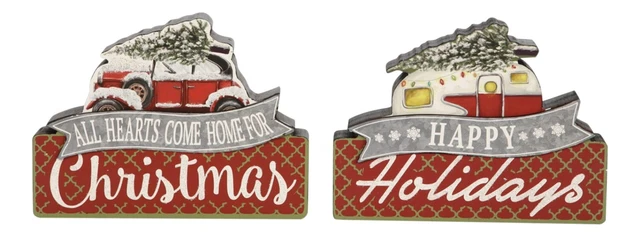 Nostalgia Happy Holiday Camper and Car Wood Block Shelf Sitters Signs Set of 2