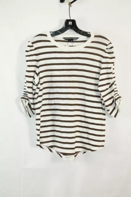 Veronica Beard Womens White Striped Ruched 3/4 Sleeve Shirt #M $178