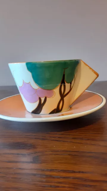 Cup & Saucer Styled in Art Deco Clarice Cliff 'Autumn' Orange Pattern -made 1993