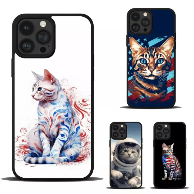 For iPhone 11 12 13 14 15 Max Pro USA Flag Shorthair cat Deluxe Tough Cover