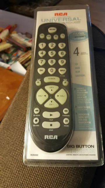 New RCA Universal Remote Control 4 Devices Glow in the Dark Big Button RCR450C