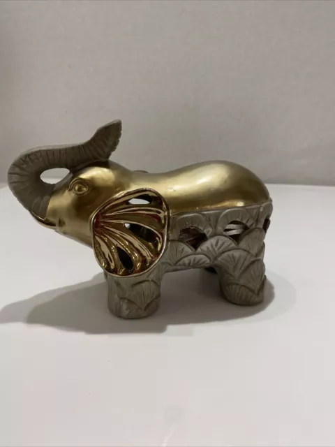 Ceramic Gold Tone Lucky Elephant Potpourri Holder Trunk Up Satchel Hk