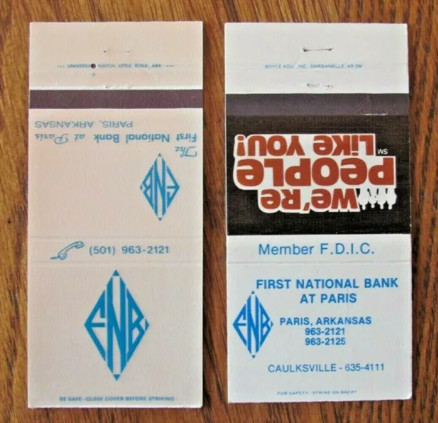 Paris, Arkansas: First National Bank (2 Different Matchbook Matchcovers) -F