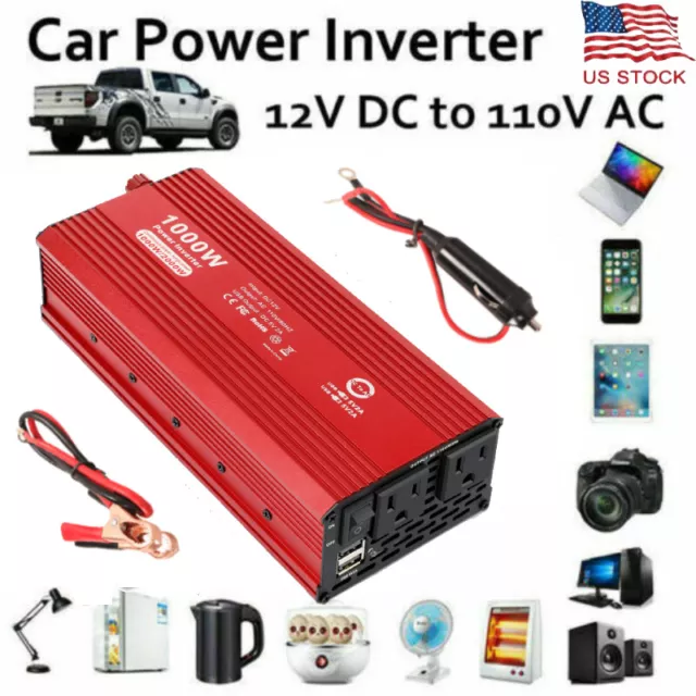 1000W-2000W Car Power Inverter DC 12V to AC 110V Converter Charger Outlet RV