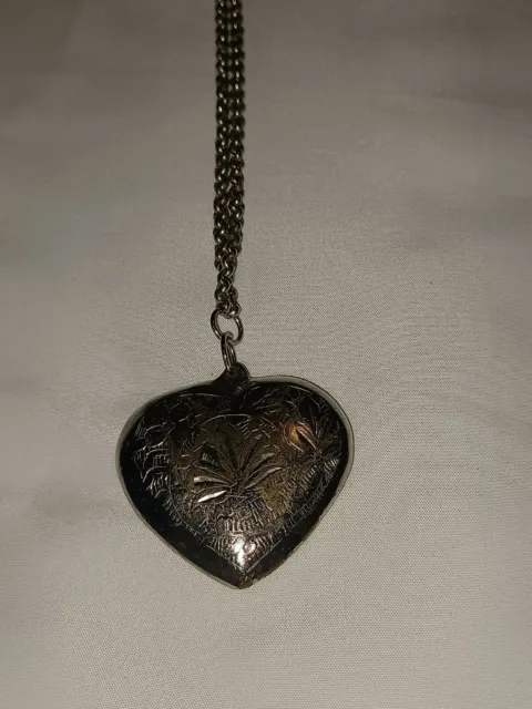 Large Etched Silve Tone Patinaed Heart Pendant Necklace