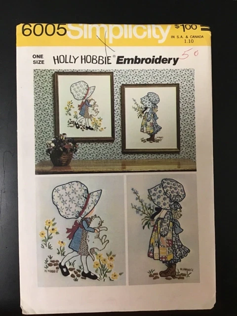 Simplicity Pattern 6005 Holly Hobbie diseños de bordado vintage 1973 sin cortar FF