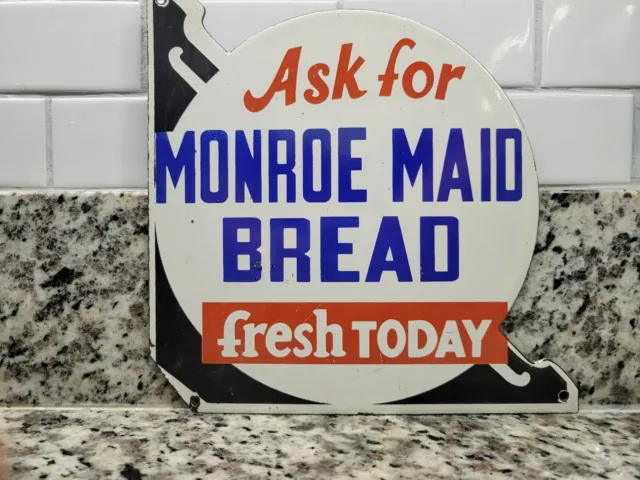 Vintage Monroe Maid Bread Porcelain Sign Old Bakery Retail Advertising Store