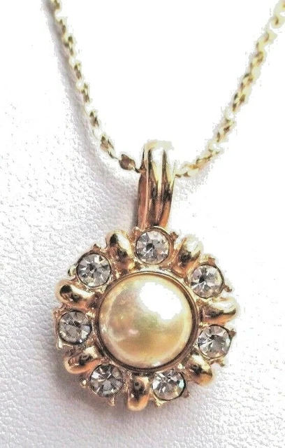 Pendentif Vintage Plaqué Or Avec Perles & Cristaux – Bijou Ancien Élégant | Chaîne Diamantée