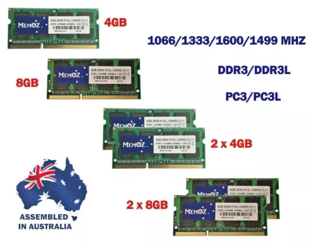 Memoz 4GB 8GB 16GB DDR3 RAM SoDimm Notebook Memory 1600 1333 1066 Mhz 5 Yrs Wty