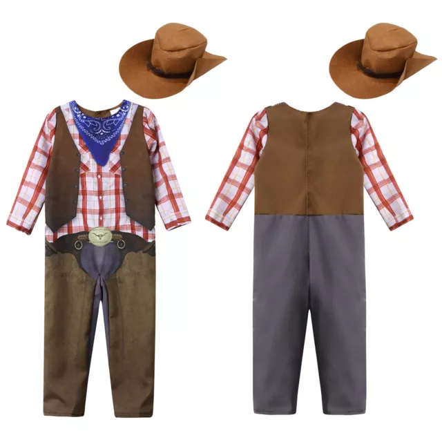 Kids Cowboy Costume Carnival Dress Up 2Pcs Bodysuit And Hat Role Play Jumpsuit