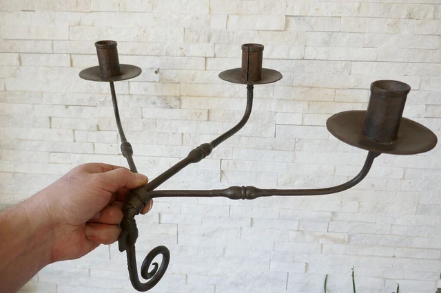 ~~~ Antique Old Primitive Wrought Iron Candle Holder 3 Arm Holder 18th.C. RAR