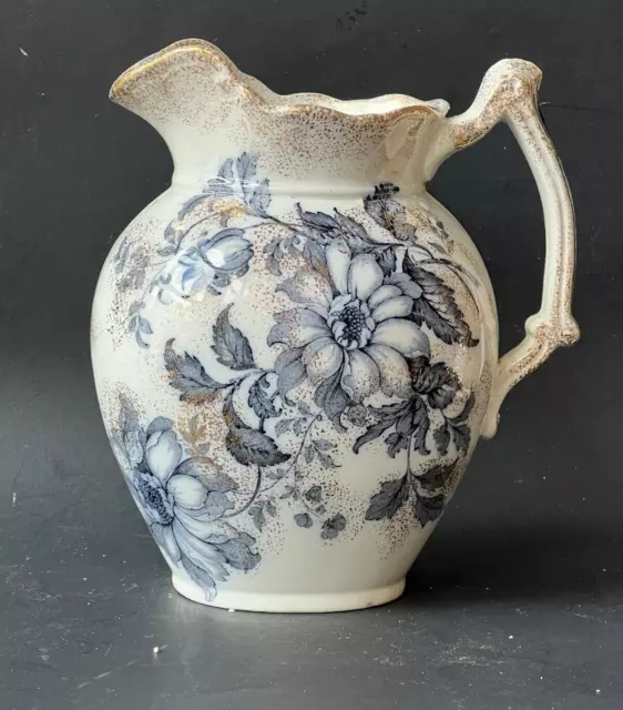 Vintage Blue and White Floral Ceramic Small Pitcher England Gold Flakes