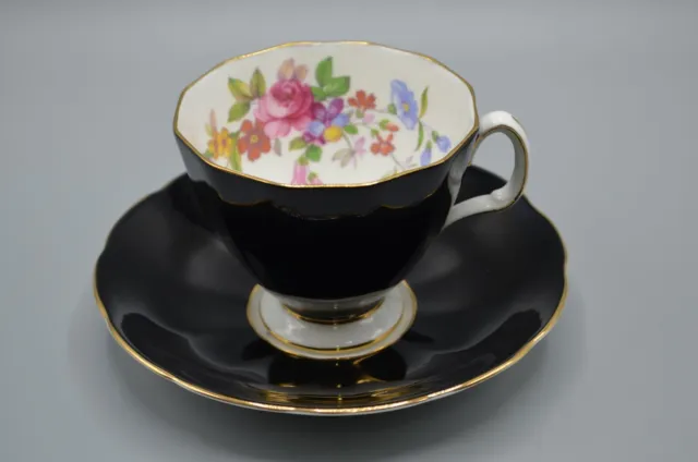 Floral Teacup & Saucer Solid Black Royal Adderley Vtg English Bone China 1940s