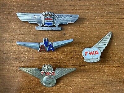 Lot of 4 Vintage Airplane Pins "Kiddie" Pilot Wings AMERICAN AIRLINES TWA UNITED