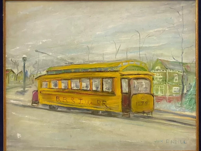 🔥 Vintage Old American Regionalism New England Connecticut Trolley Oil Painting 3