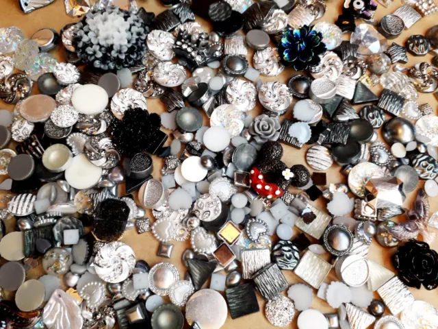 10-80g Mixed Embellishments Cabochons Shapes Black Silver Flatback Charms Fancy