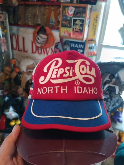 Vintage Pepsi Cola 3 Stripe Snapback Trucker Hat Cap North Idaho Red Blue USA