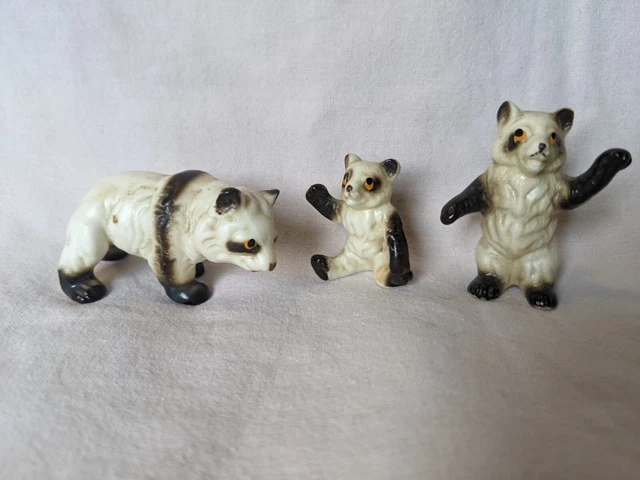 3 pc Ceramic Family  Panda Bears Figurines Black White Small Miniature