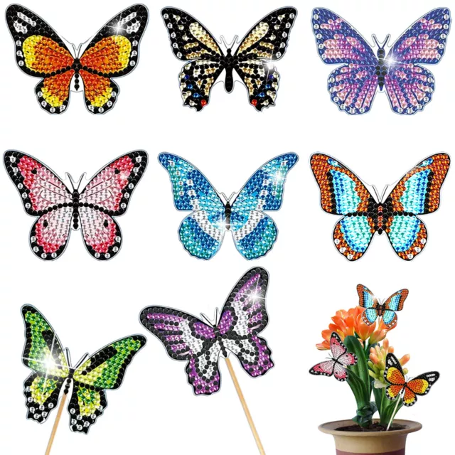 8Pcs Butterfly Rhinestone Drawing Kits Colorful Butterfly Stakes Diamond Art