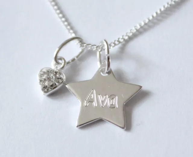 Girls 925 Sterling Silver Star & Heart Necklace Free Personalised Engraving