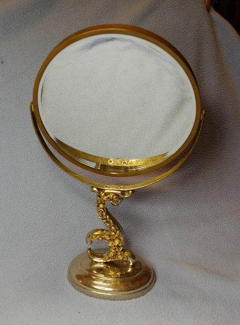 Vintage Ornate 2-sided Vanity 6" Mirror Rhinestones & Faux Pearls Silver Brass