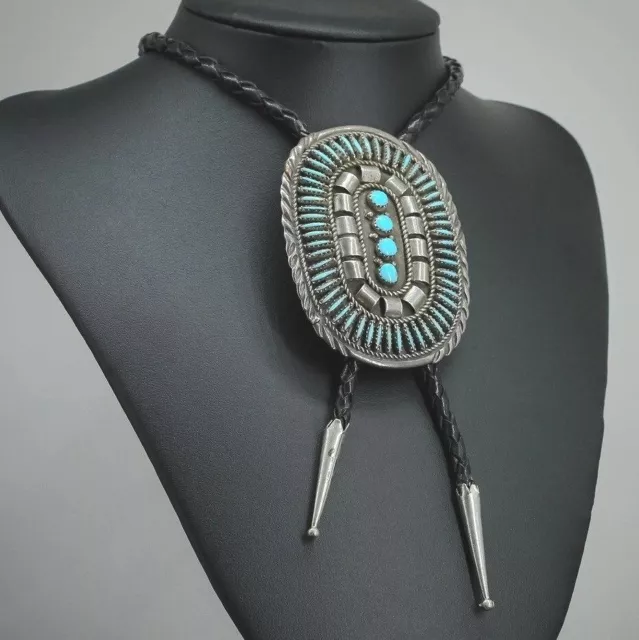 Turquoise BOLO TIE, Needlepoint Style, Navajo Jimmy Yazzie, Vintage Sterling c70