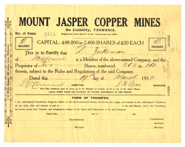 Share Scrip - Mining. 1912 Mount Jasper Copper Mines N/L, Tasmania