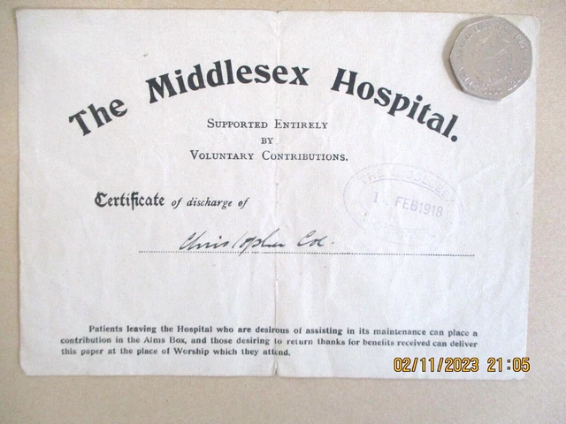 Middlesex Hospital Certificate Of Discharge From 1918--Gp 183X