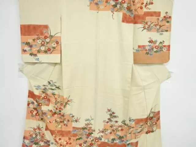 38927# Japanese Kimono / Antique Kimono / Embroidery / Ume & Kiku With Bambo