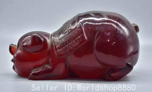 8" Ancient Chinese Red Amber Carved Fengshui 12 Zodiac Year Pig Statue Sculpture