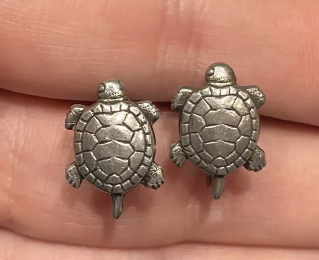 Vintage Sterling Silver 925 Tiny Mini Turtle Tortoise Screwback Earrings 3/4”