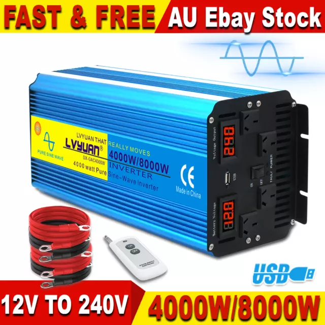 8000w Peak Car Power Inverter Pure Sine Wave Dc 12v To Ac 240v Converter Remote