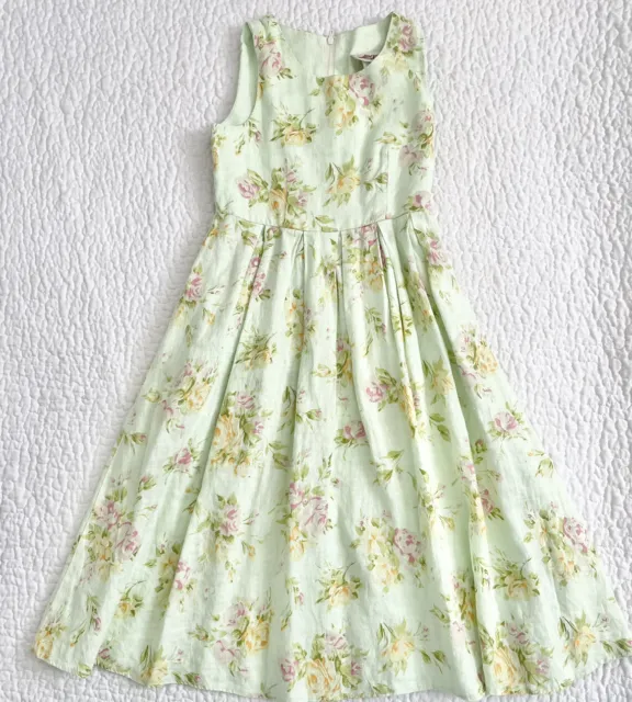 Storybook Heirlooms Pale Green Floral Linen Dress 7/8 Sundress