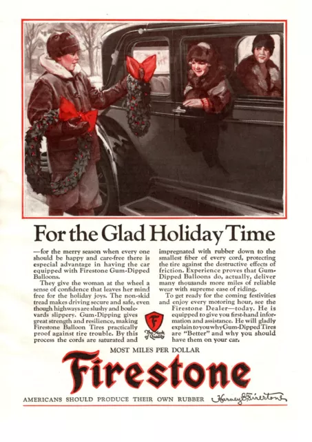 1927 Firestone Gum-Dipped Balloon Tires Christmas Holiday Wreaths Snow Print Ad
