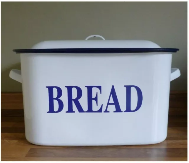 Falcon White Enamel With Blue Trim Oblong Bread Bin And Lid 32cm Small Mini