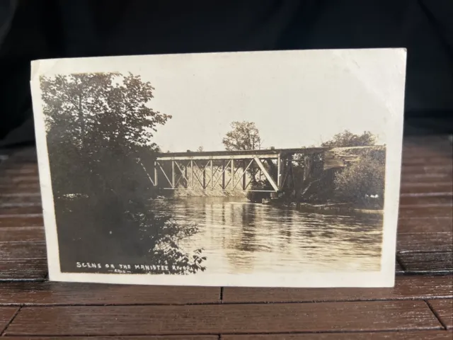 Vintage 1909 RPPC Manistee River Train Bridge MI Michigan Ludington Postcard