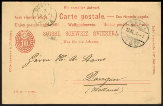 Schweiz Ganzsache P 25 F/A Frage und Antwort von Basel n. Dongen 1891