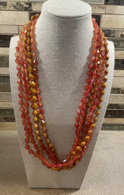 Vintage Multi Strand Acrylic Orange Bicone Bead Necklace, 22”