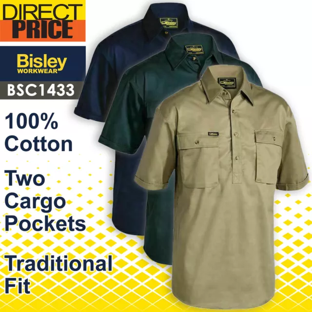 BISLEY Mens Short Sleeve Work Shirt BSC1433 100% Cotton Drill Closed Front NEW