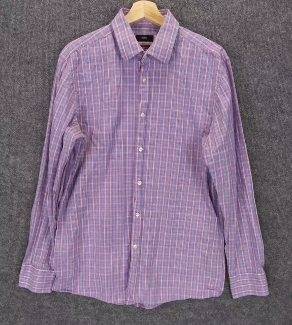 Hugo Boss Shirt Mens 16 1/2 Purple Plaid Sharp Fit Long Sleeve 16 1/2 34/35