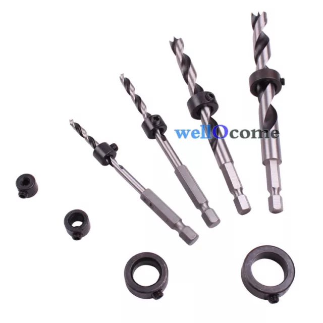 8Pcs DRILL BIT DEPTH STOP COLLAR SET FOR WOOD BRAD POINT 3-16mm W/ WRENCH BOX