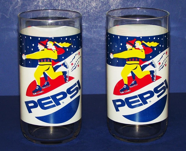 RARE VINTAGE PEPSI Pair of Drinking Glasses ICE SKATERS Red White Blue