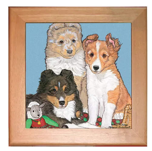 Shetland Sheepdog Sheltie Dog Kitchen Ceramic Trivet Framed in Pine 8" x 8"