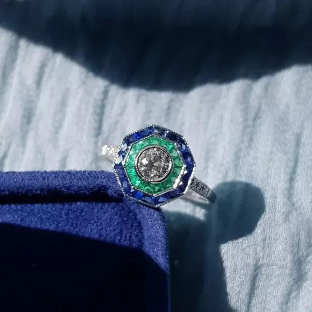 Gorgeous Art Deco Design White Cubic Zirconia Blue Sapphire & Green Emerald Ring