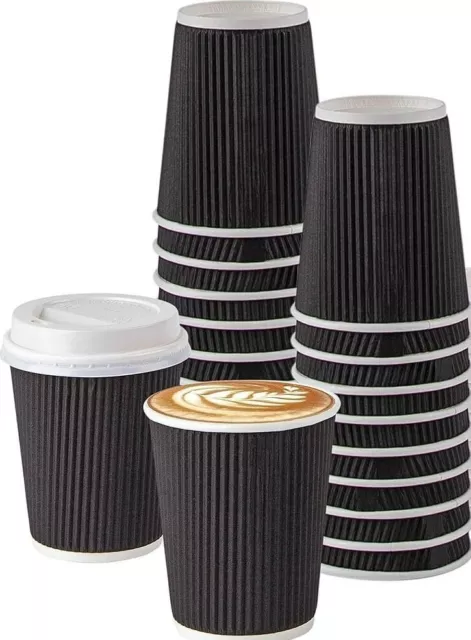 Disposable Coffee Cups & Lids Black Ripple Kraft Paper Hot Drink Cups 8/12/16oz