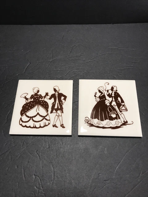 Vtg ceramic tile pair couple Victorian dressed brown on white 4 3/8” square