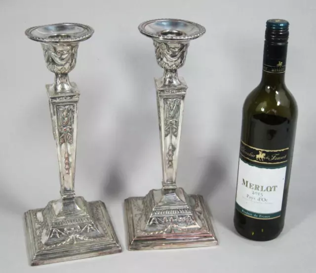 Large Elegant Pair Antique Adams Style Silver Plated Candlesticks Neo Classical